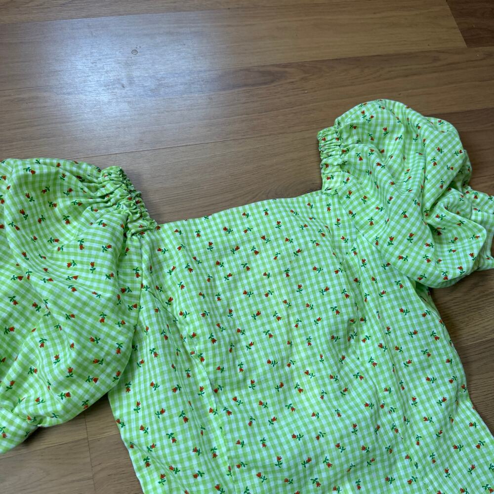 Women's Vintage 1970's Handmade Green Roses Floral Ruffle Puff Sleeve Dress Sz M - Picture 4 of 10